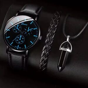 Black Leather Watch and Necklace Set